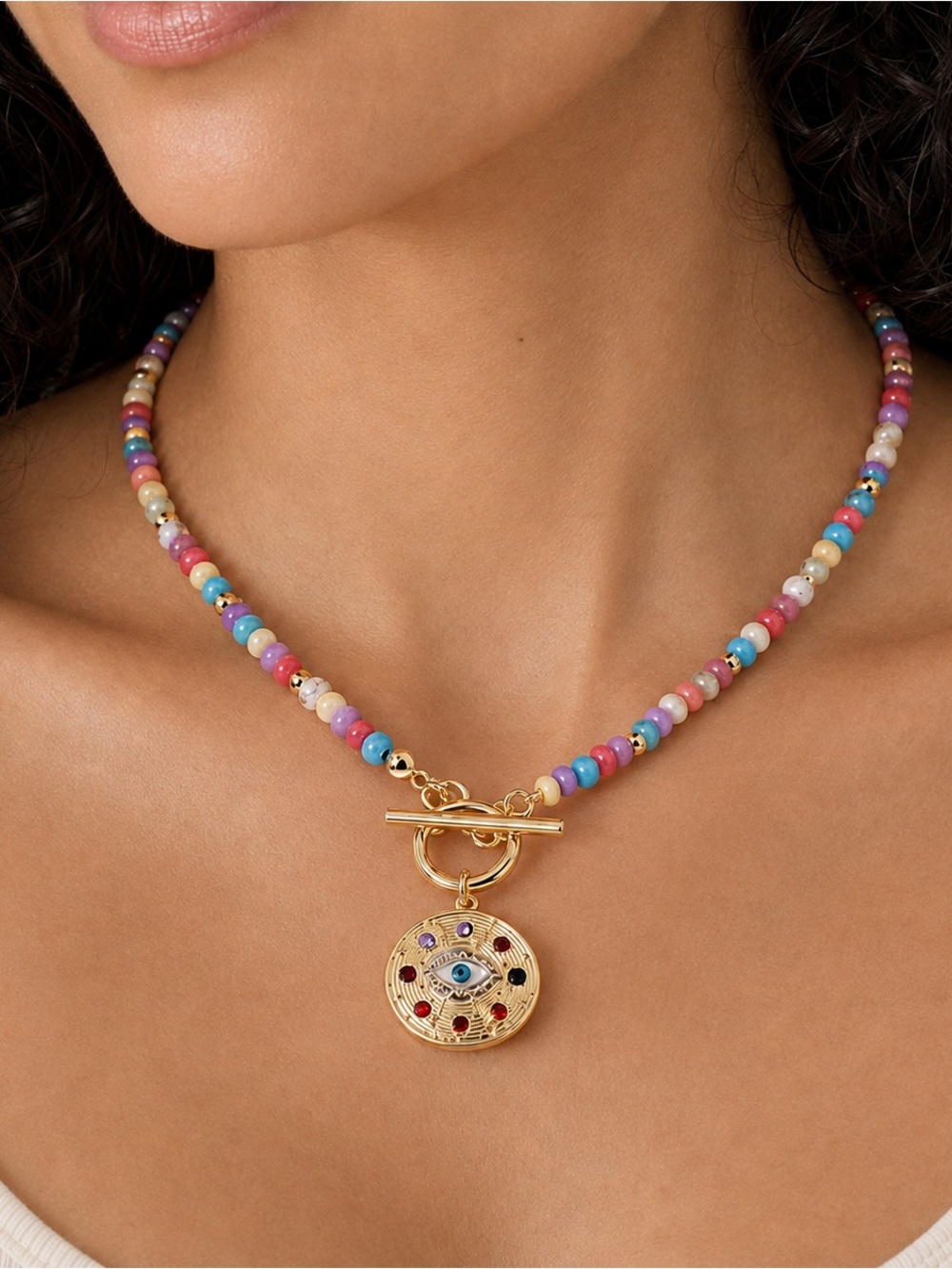 Gold Pendant Multicolor Beaded Evil Eye Necklace